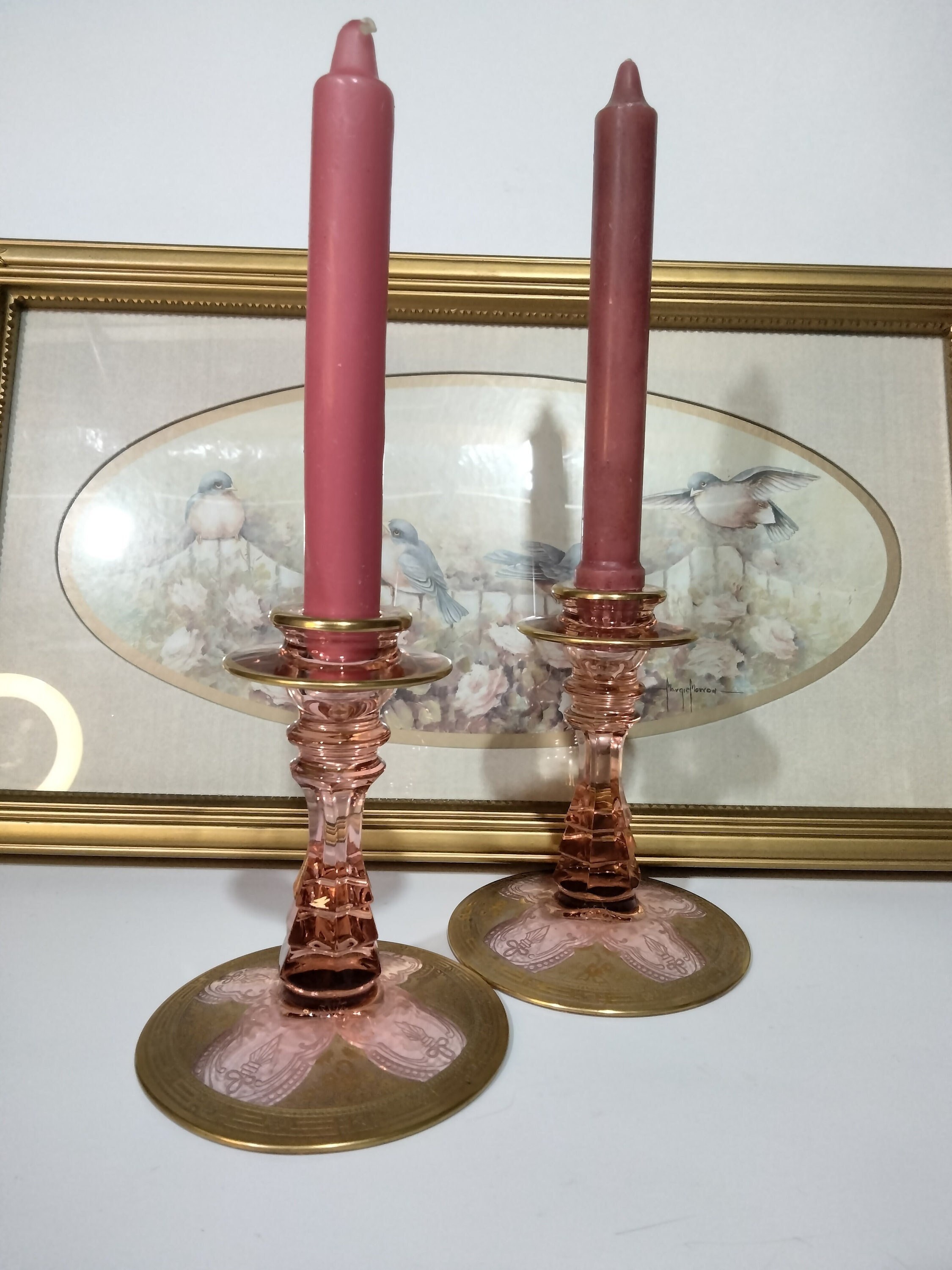 Pair of Pink and Gold, Etched Depression Glass Candle Holders - Etsy