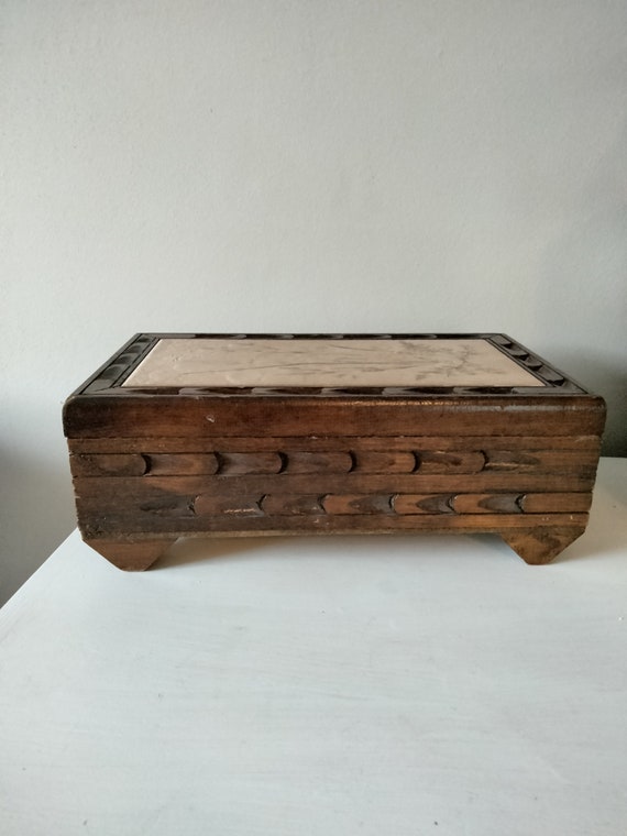 70's carved wooden jewelry box with ceramic tile
