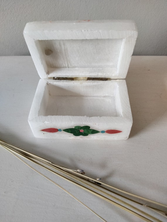 White marble stone trinket box; colorful floral d… - image 6