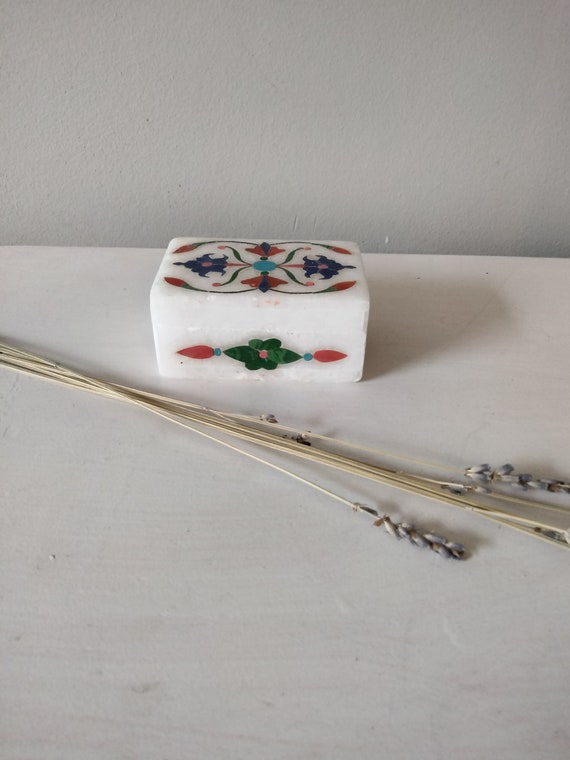 White marble stone trinket box; colorful floral d… - image 1