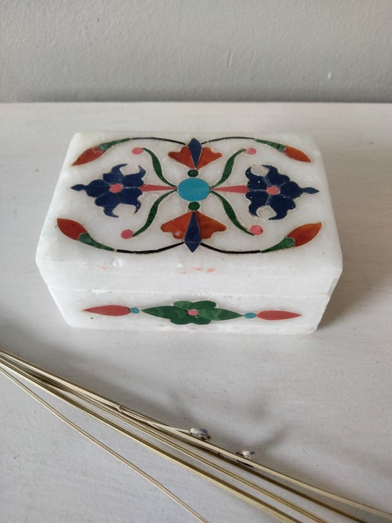White marble stone trinket box; colorful floral d… - image 8