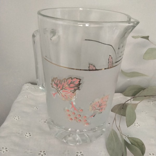 Covetro Italy pitcher, clear and frosted glass with leaves, berries design