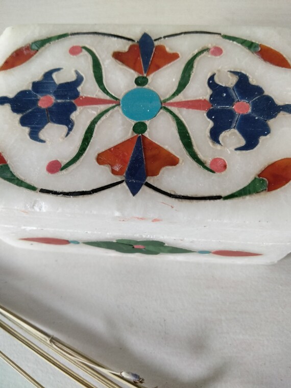 White marble stone trinket box; colorful floral d… - image 3