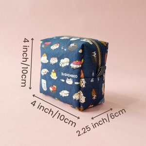 Square Pouch Sushi Cat, Cat Zipper Bag, Makeup Bag, Travel Size Pouch, School Supply, Toiletry Bag, Cat Fabric Bag Blue
