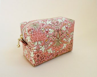 Boxy Pouch - William Morris Moda Pink, Cosmetic Pouch, Small Zipper Pouch, Mini Toiletry Bag, Makeup Bag, Cord Organizer