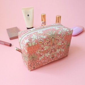 Boxy Pouch - William Morris Moda Pink, Cosmetic Pouch, Small Zipper Pouch, Mini Toiletry Bag, Makeup Bag, Cord Organizer