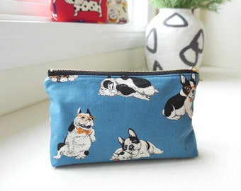 Medium Zipper Pouch - French Bulldog Blue, Dog Zipper Bag, Toiletry Bag, Makeup Bag, School Supply, Charger Pouch, Dog Mom Gift