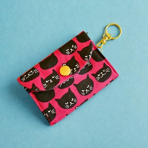 Carteira pequena com chaveiro – Porta-moedas com estampa de gato e zíper | Carteira fina e minimalista, porta-moedas com chaveiro | Ideia de presente para amantes de gatos