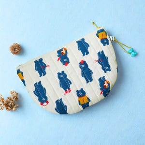 Quilted Half Circle Pouch – Teddy Bear Print, Toiletry Bag with Charm