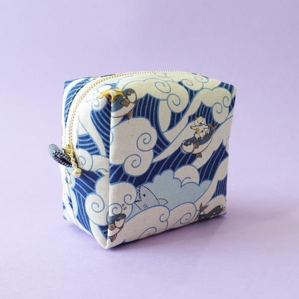 Made-to-order: Square Pouch - Surf Cat, Cat Zipper Bag, Makeup Bag, Travel Size Pouch, School Supply, Toiletry Bag, Cat Fabric Bag
