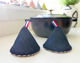 Made-to-order: Set of 2 Denim Pot Holders, Cast Iron Lid Holder, Pot Handle, Japanese Triangle Pot Holder, Heat Resistant, Kitchen Gift