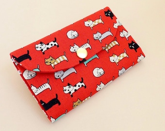 Red Cat Print Wallet, Fabric Card Holder, Cat Lover Gift