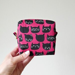 Square Pouch Black Cat, Boxy Pouch, Cat Zipper Bag, Makeup Bag, Travel Size Pouch, Toiletry Bag, Cord Organizer Pink