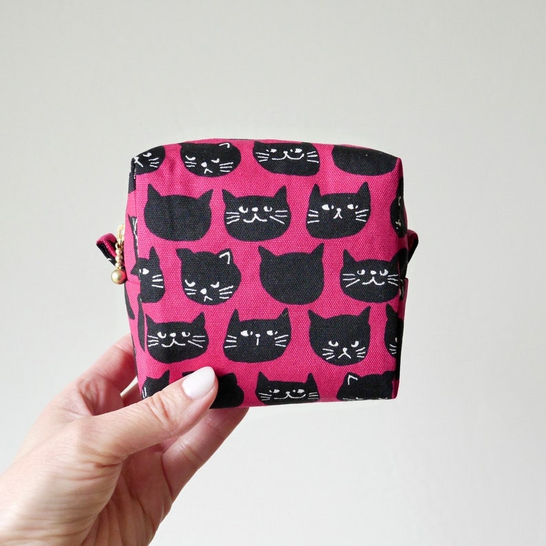 Square Pouch Black Cat, Boxy Pouch, Cat Zipper Bag, Makeup Bag, Travel Size Pouch, Toiletry Bag, Cord Organizer Pink