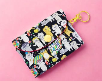 Monedero pequeño con llavero: monedero con estampado de gato y cremallera / Monedero minimalista fino, monedero con llavero / Regalo para amantes de los gatos