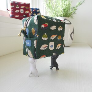 Square Pouch Sushi Cat, Cat Zipper Bag, Makeup Bag, Travel Size Pouch, School Supply, Toiletry Bag, Cat Fabric Bag Green