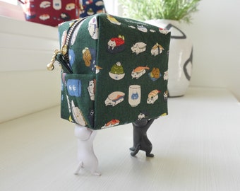 Square Pouch - Sushi Cat, Cat Zipper Bag, Makeup Bag, Travel Size Pouch, School Supply, Toiletry Bag, Cat Fabric Bag