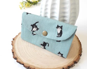 Accordion Card Holder – Cat Print Fabric Blue | Slim Canvas Card Case Wallet, Ergonomic Wallet for Women | Gift for Cat Lovers or Cat Moms