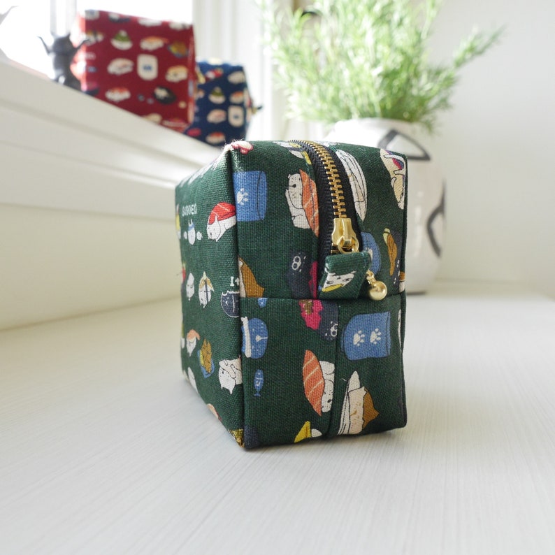 Square Pouch Sushi Cat, Cat Zipper Bag, Makeup Bag, Travel Size Pouch, School Supply, Toiletry Bag, Cat Fabric Bag image 6