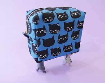 Square Pouch - Black Cat, Boxy Pouch, Cat Zipper Bag, Makeup Bag, Travel Size Pouch, Toiletry Bag, Cord Organizer