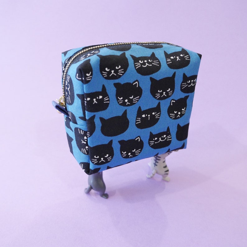 Square Pouch Black Cat, Boxy Pouch, Cat Zipper Bag, Makeup Bag, Travel Size Pouch, Toiletry Bag, Cord Organizer Blue