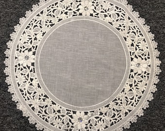 Organza Embroidered Lace Jeweled Beaded Placemat Runner White Silver Wedding