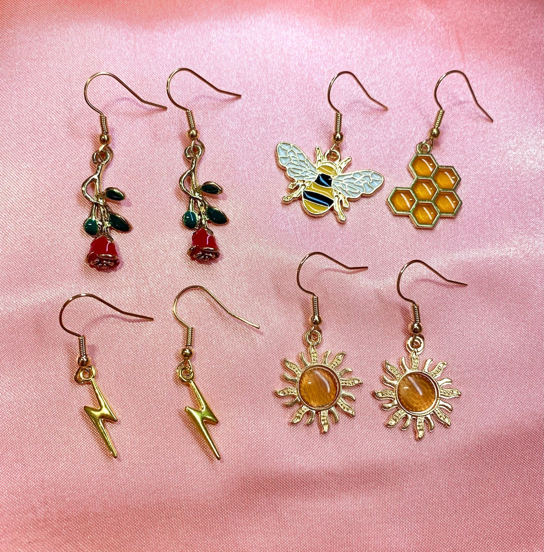 Pretty Cute Golden Bundle of 4 Unique Earring Pairs - Rose Earrings ...