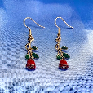 Pretty cute golden red rose flower earrings | Valentine&#39;s day gift for her romantic earrings | dangle drop earrings | floral jewelry