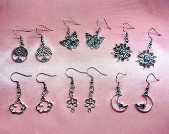 Pretty cute silver spiritual bundle of 6 earring pairs - tree, butterfly, sun, cloud, flower, moon earrings