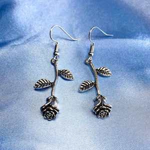 Pretty cute goth emo grunge alt silver rose flower Valentines gift for her earrings