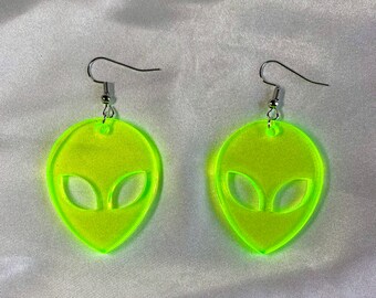 Pretty cool, funky fun quirky, glow in the dark, UV light active, party festival rave, neon green, orange or pink alien UFO earrings