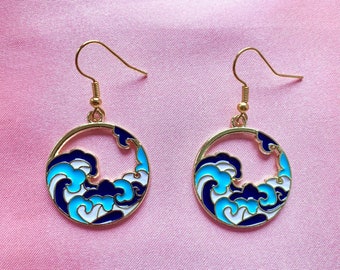 Vrij schattig blauw oceaanstrand zeegolf gouden ronde hangoorbellen / cadeau voor haar
