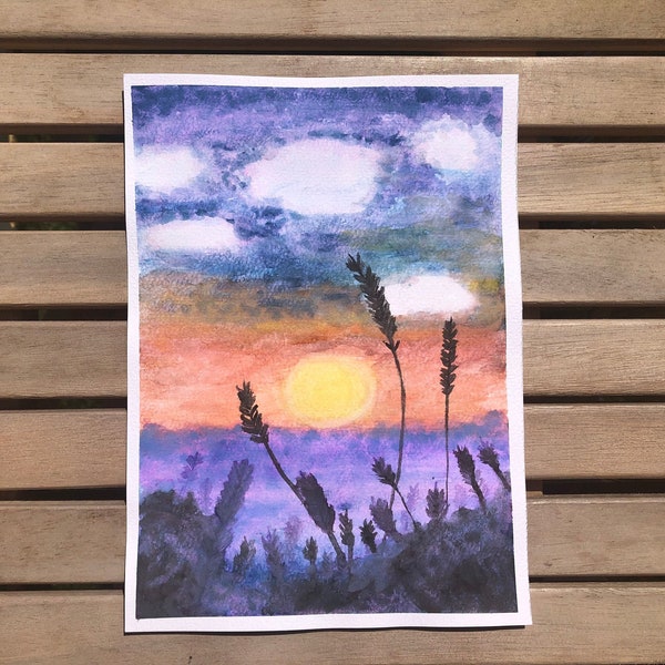 Aquarelle originale sur papier - paysage de champs de lavande au coucher de soleil - format portrait (vertical)