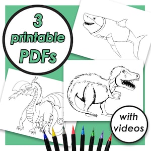 Printable PDF Animal Coloring Pages for Kids - Coloring Sheets for Children - Dragon, Shark, Dinosaur T-Rex, Color-Along Videos Included