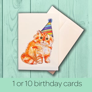 Orange Cat Birthday Card - Card Pack - Birthday Card Pack for Adults or Kids- Hand Drawn Watercolor Birthday Cards
