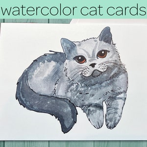 Cute Watercolor Cat Cards - Cute Cat Note Card, Cat Greeting Card, Gray Cat, Blue Russian, Note card pack - Blank Cat Card - With Envelopes