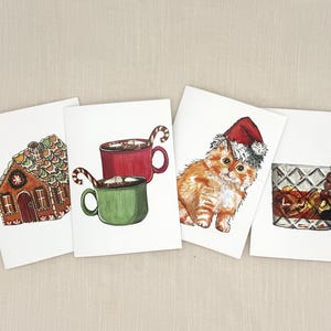 Christmas Card Set of 4, Watercolor Holiday Cards with Envelopes, Hot Cocoa, Gingerbread House, Orange Cat Santa, Christmas Old Fashioned