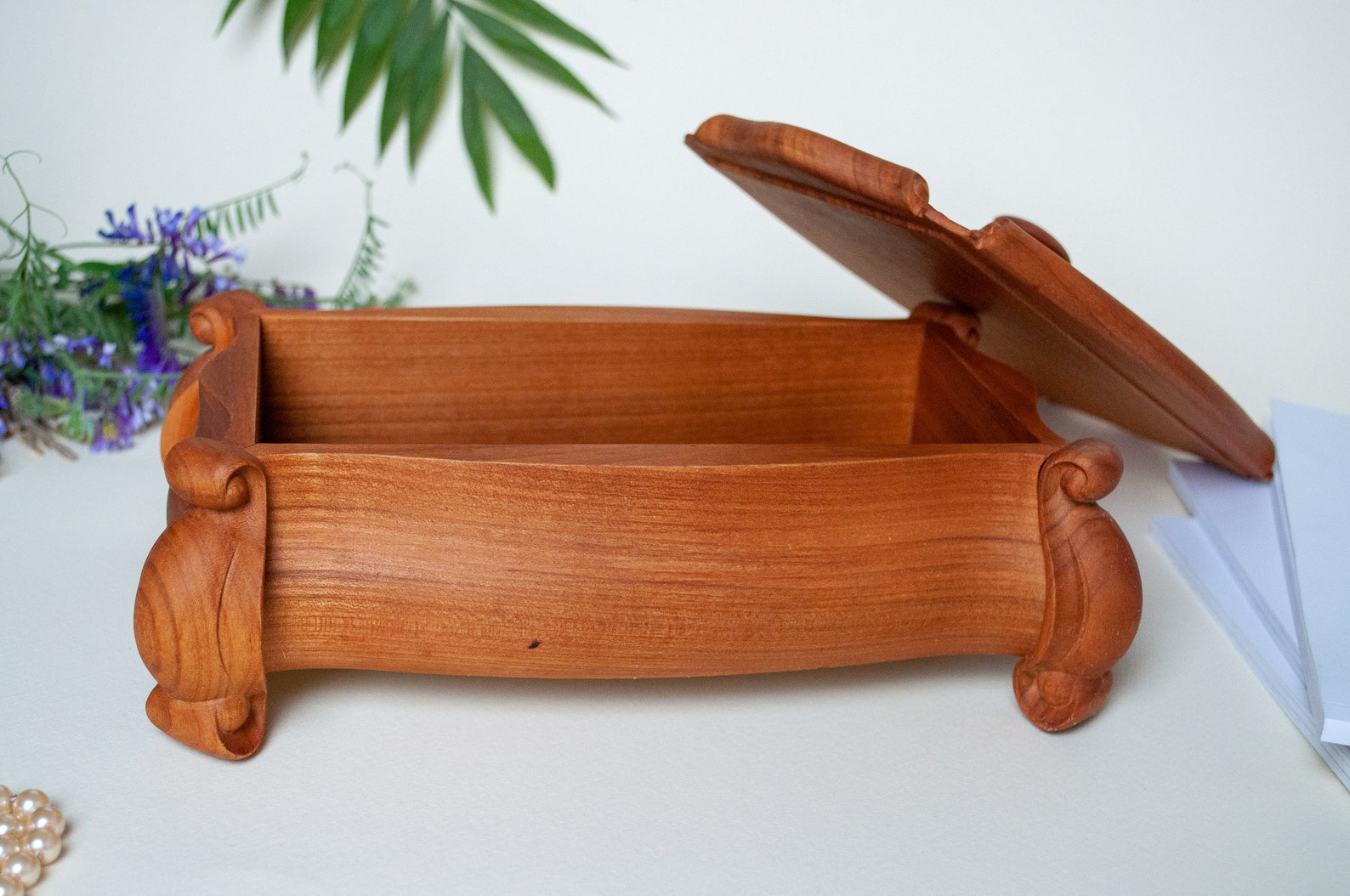 This carved custom jewelry box on legs with removable lid and Etsy