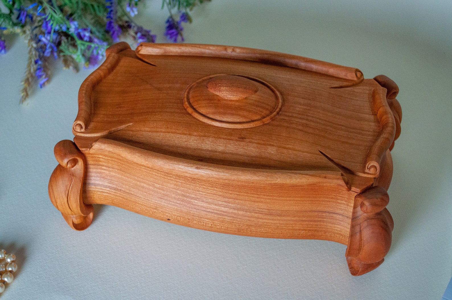 This carved custom jewelry box on legs with removable lid and Etsy
