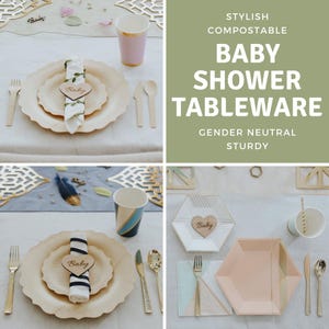 Puede incluir: Un juego de vajilla para baby shower de género neutro. La vajilla está hecha de materiales compostables y es resistente. El juego incluye platos, servilletas, vasos y cubiertos. Los platos están decorados con un patrón geométrico y las servilletas están decoradas con una forma de corazón. Los vasos están decorados con un patrón de rayas azules y blancas. Los cubiertos son dorados.
