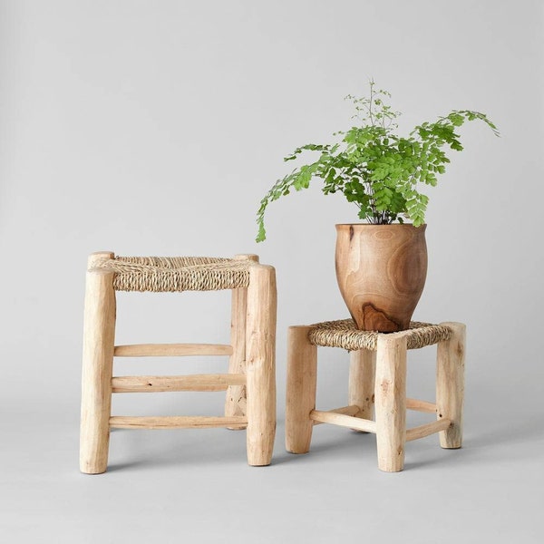 Handmade vintage wood and straw stool, handmade in Morocco, Moroccan berber chair made with palm leaf, Palm leaf and wood chair