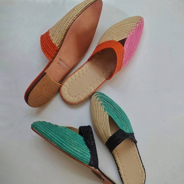 Handmade slip-on shoe Babouche de Raffia - handicraft in morocco by local artisans - vegan fast and free shipping with dhl express **gift**