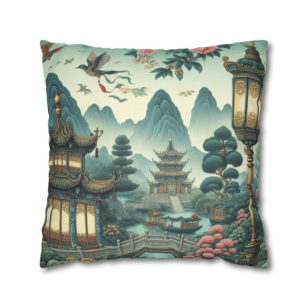 Chinoiserie Throw Pillow Cover | Chinese Lantern Decor | Oriental Pillows | Nature Scenery Throw Pillow | Asian Home Decor | Accent Case