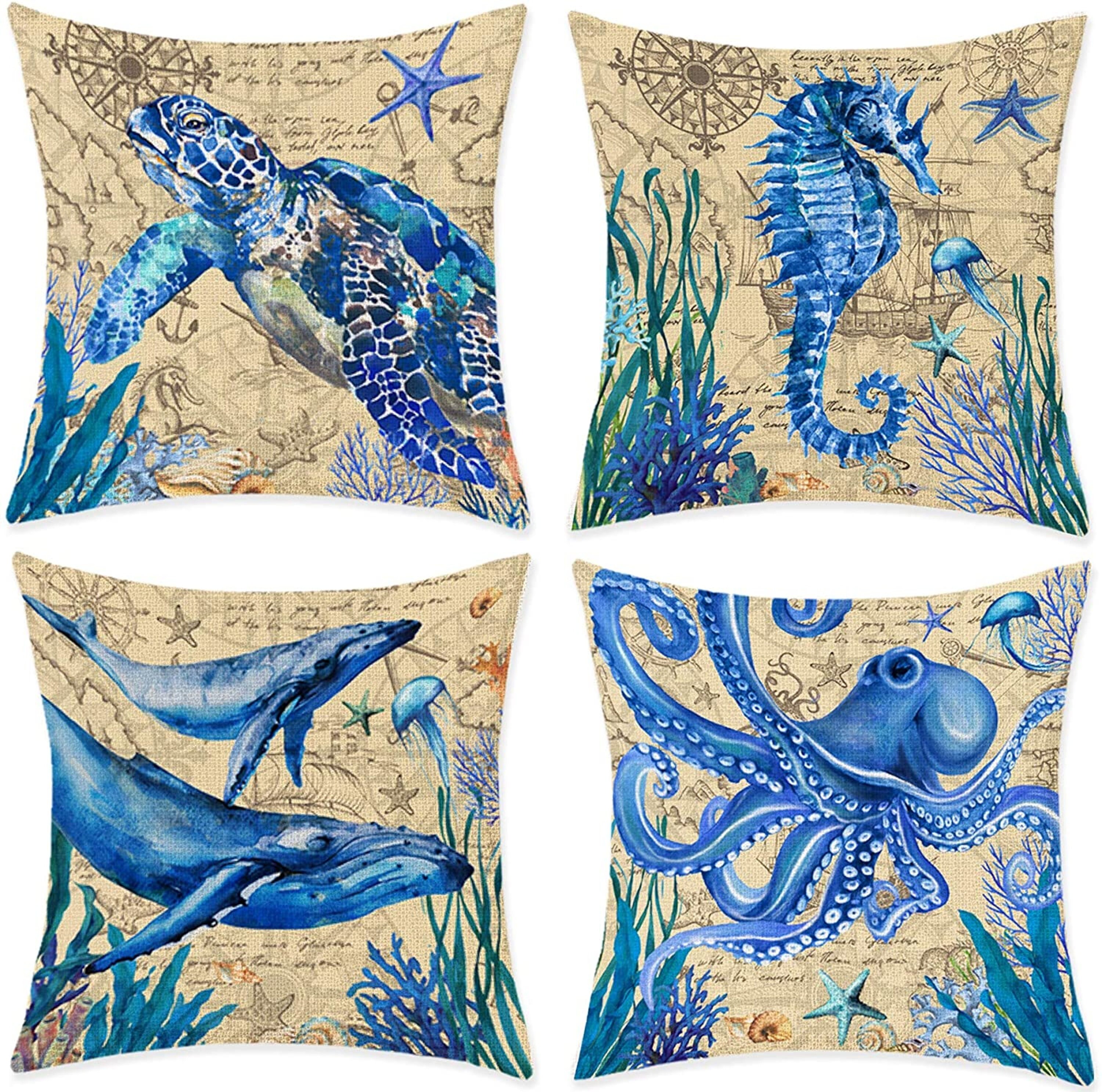 Set of 4 Coastal Throw Pillow Covers 18x18 Sea Turtle Etsy