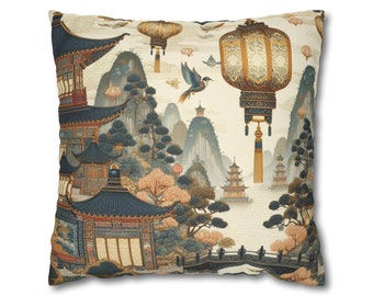 Chinoiserie Throw Pillow Cover | Chinese Lantern Decor | Oriental Pillows | Nature Scenery Throw Pillow | Asian Home Decor | Accent Case