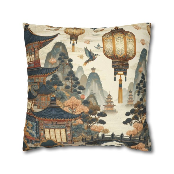 Chinoiserie Throw Pillow Cover | Chinese Lantern Decor | Oriental Pillows | Nature Scenery Throw Pillow | Asian Home Decor | Accent Case