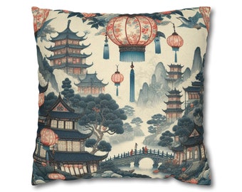 Chinoiserie Throw Pillow Cover | Chinese Lantern Decor | Oriental Pillows | Nature Scenery Throw Pillow | Asian Home Decor | Accent Case