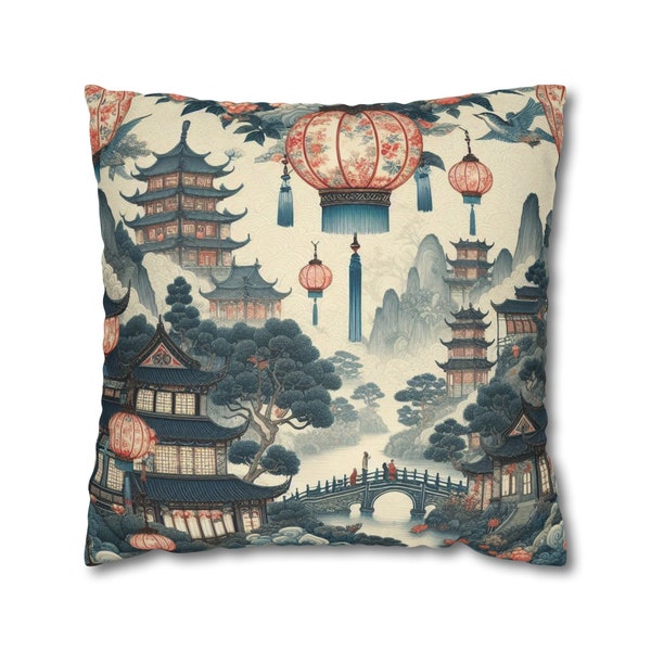 Chinoiserie Throw Pillow Cover | Chinese Lantern Decor | Oriental Pillows | Nature Scenery Throw Pillow | Asian Home Decor | Accent Case