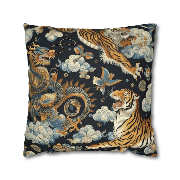 Chinoiserie Throw Pillow Cover | Dragon and Tiger Throw Pillow | Asian Decor | Oriental Pillows | Dragon Cushion | Chinoiserie Accent Pillow