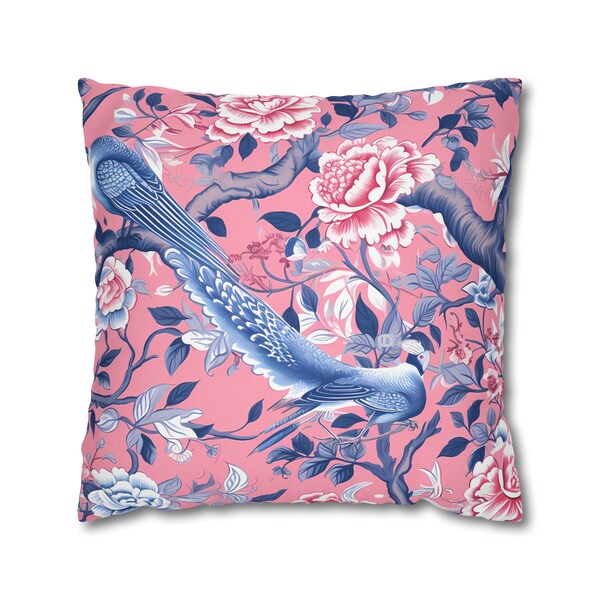 Chinoiserie Throw Pillow Cover | Chinoiserie Pillow Pink | Pink And Blue Case | Floral Bird Pillow Cover | Asian Decor | Oriental Decor